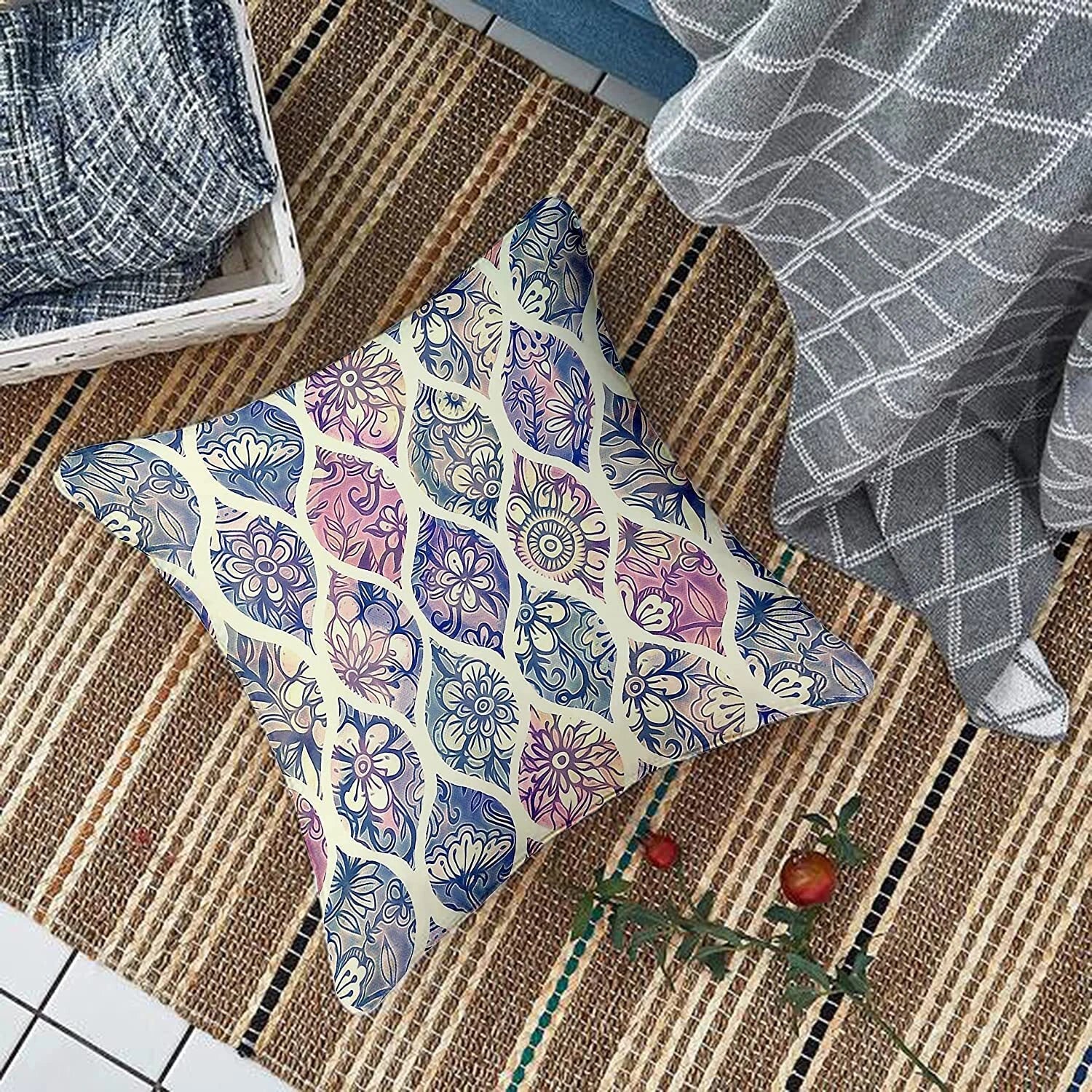 Floral Printed Canvas Cotton Premium Cushion Covers, Set of 5 ( 18 x 18 Inches )
