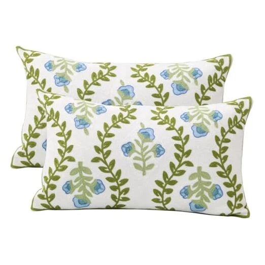 Set of 2 Embroidered Decorative Throw Pillow Covers Couch Blue Floral-lumbar