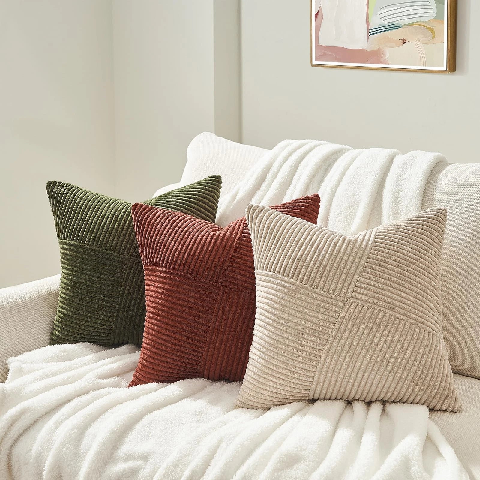 26x26 inches Euro Pillow Shams Set of 2 Olive Green Corduroy Decorative Throw...
