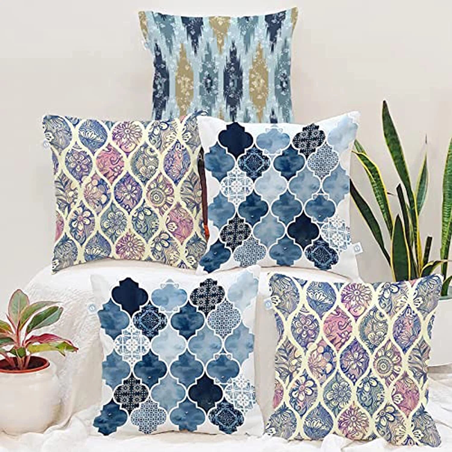 Floral Printed Canvas Cotton Premium Cushion Covers, Set of 5 ( 18 x 18 Inches )