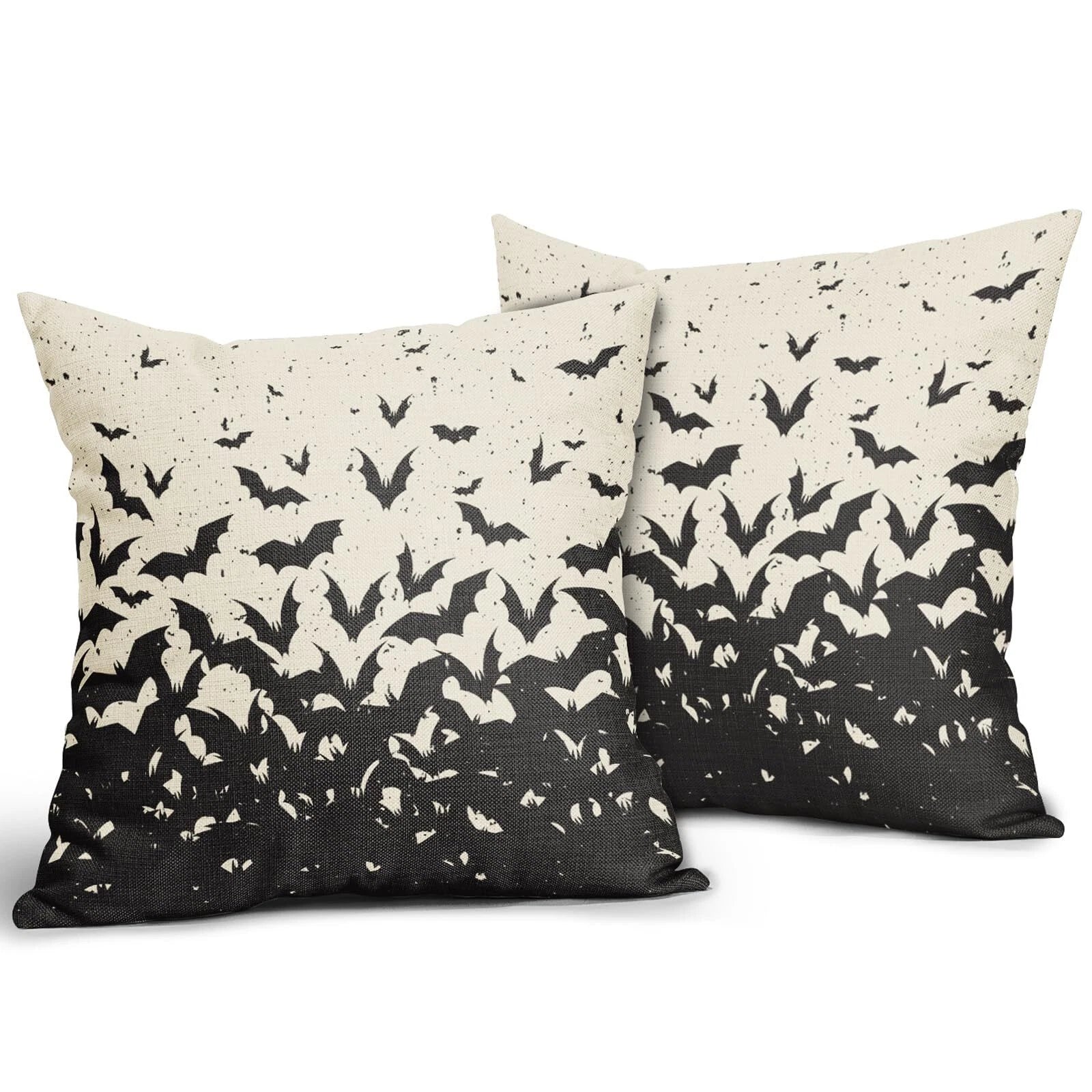Halloween Bat Pillow Covers 16x16 Set of 2 Black Scary Pattern Print Hallowee...