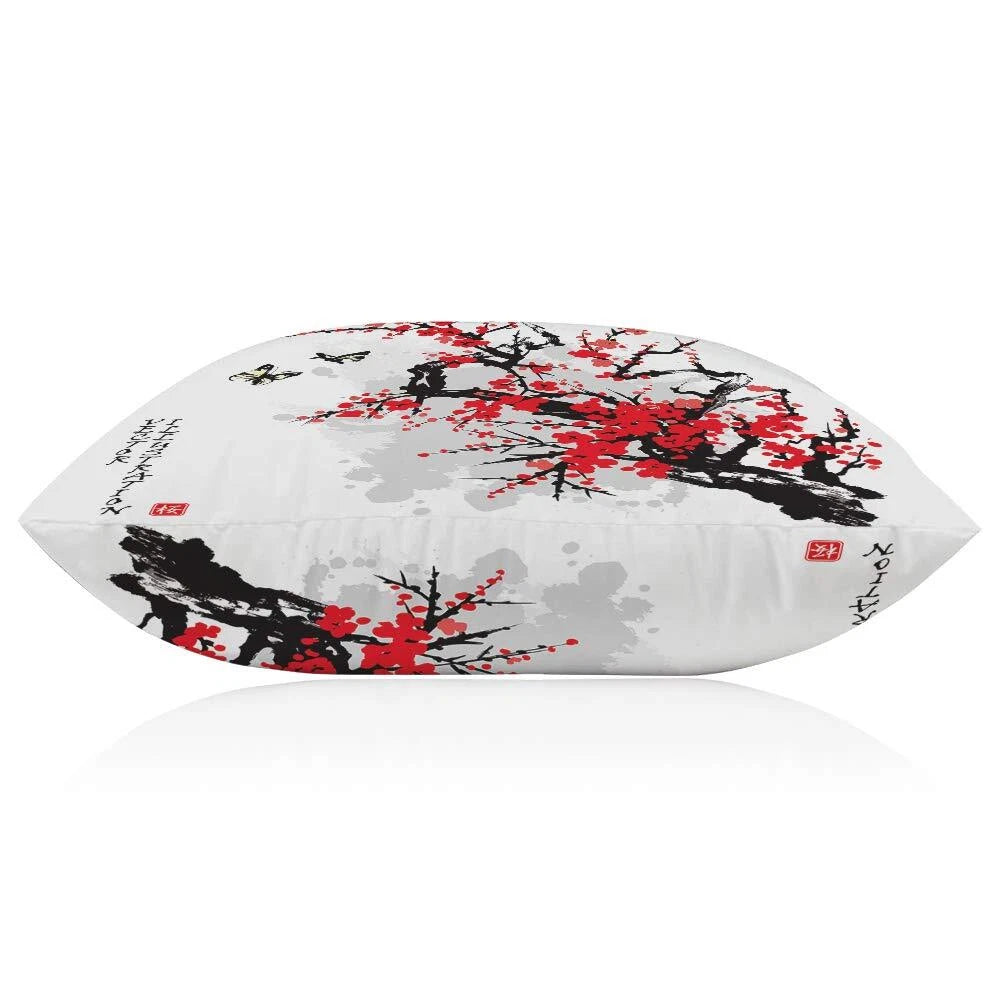 Throw Pillow Cover Japanese Flowers Cherry Branch Blossoming Tree Butterflies...