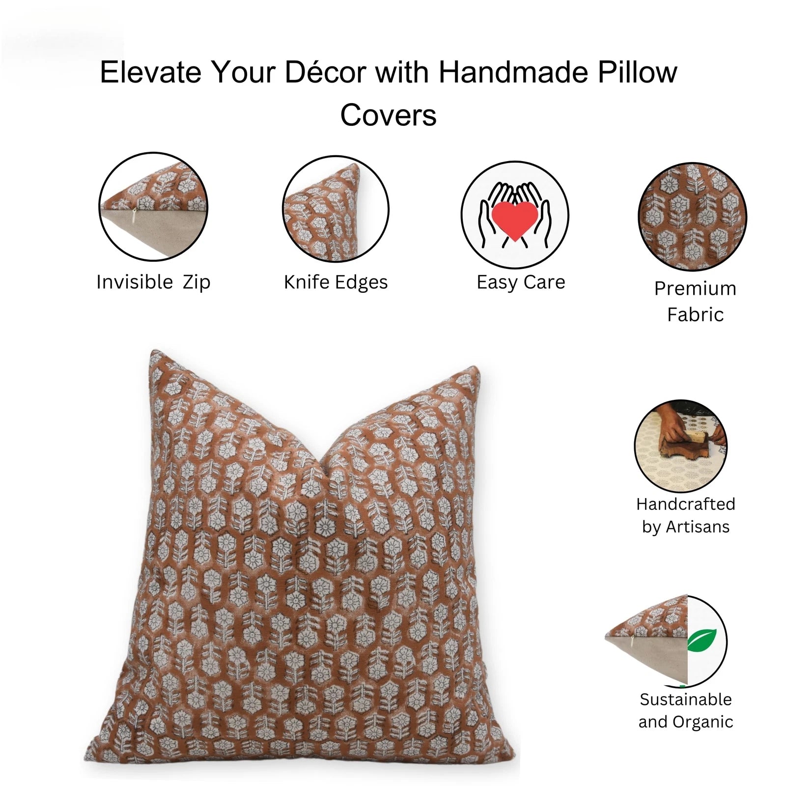 Handmade Block Print 18X18 Inch Cotton Throw Decorative Pillowcase Cushion Co...