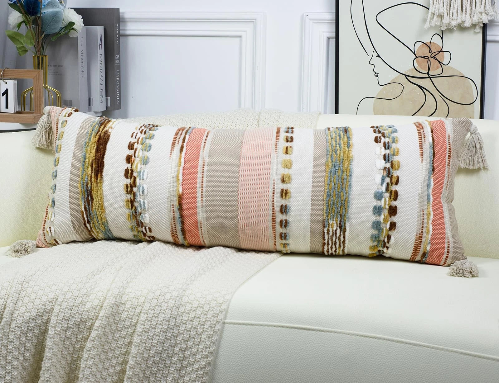 Boho Long Lumbar Throw Pillow Cover 14 x 36 Orange, Chenille Morocan Extra Lo...