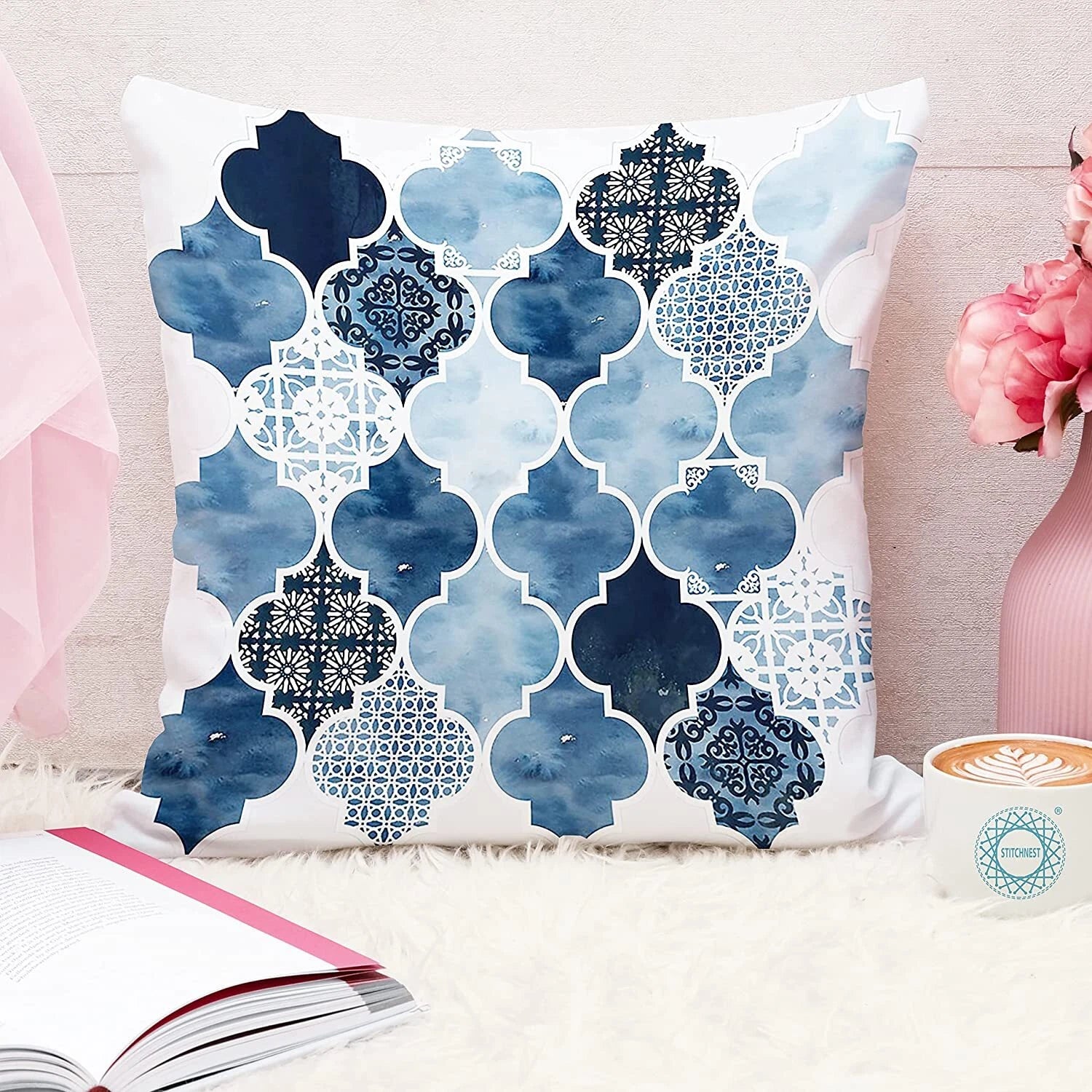 Floral Printed Canvas Cotton Premium Cushion Covers, Set of 5 ( 18 x 18 Inches )