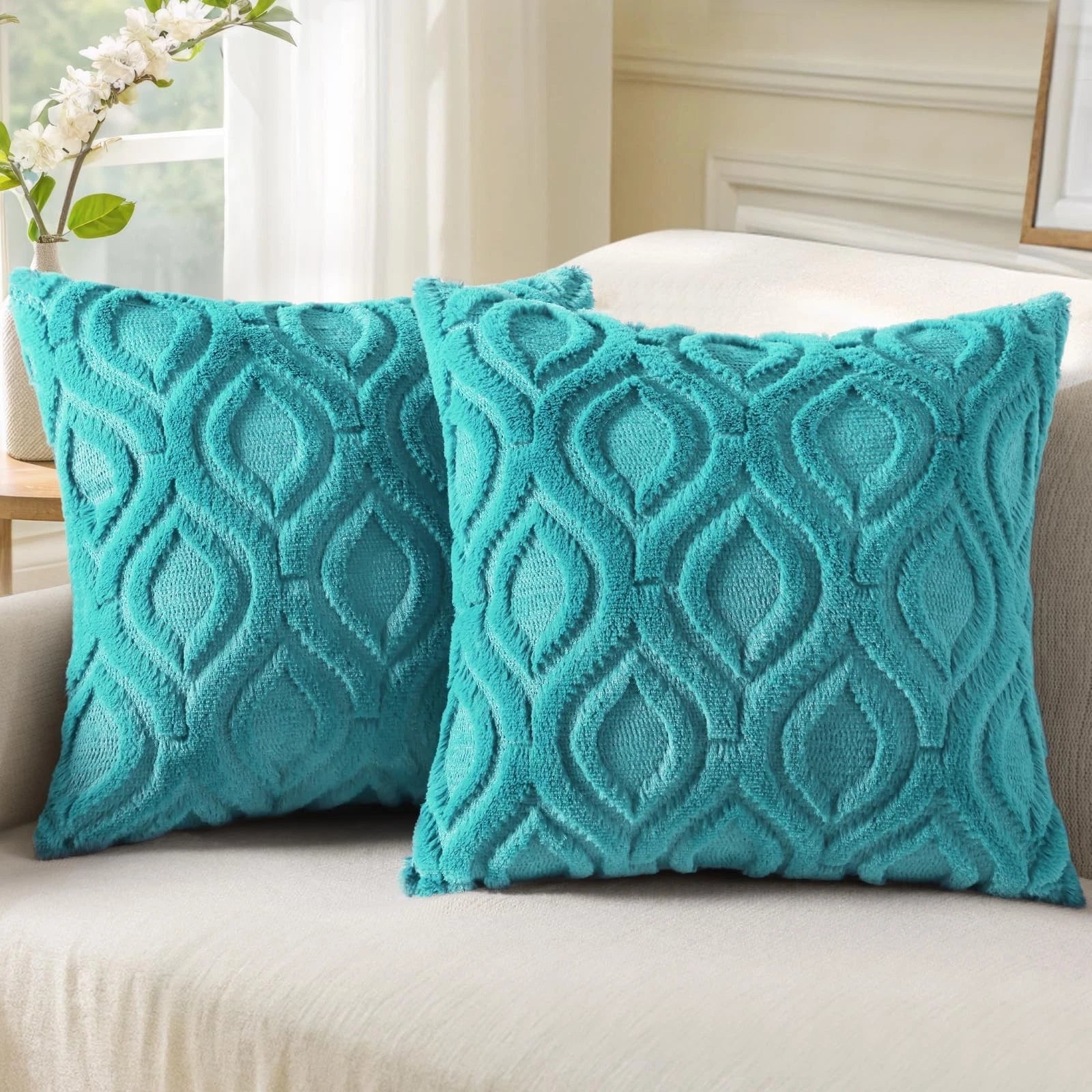 decorUhome Throw Pillow Covers 22x22 Inch Set of 2, Soft Plush Faux Wool Turq...