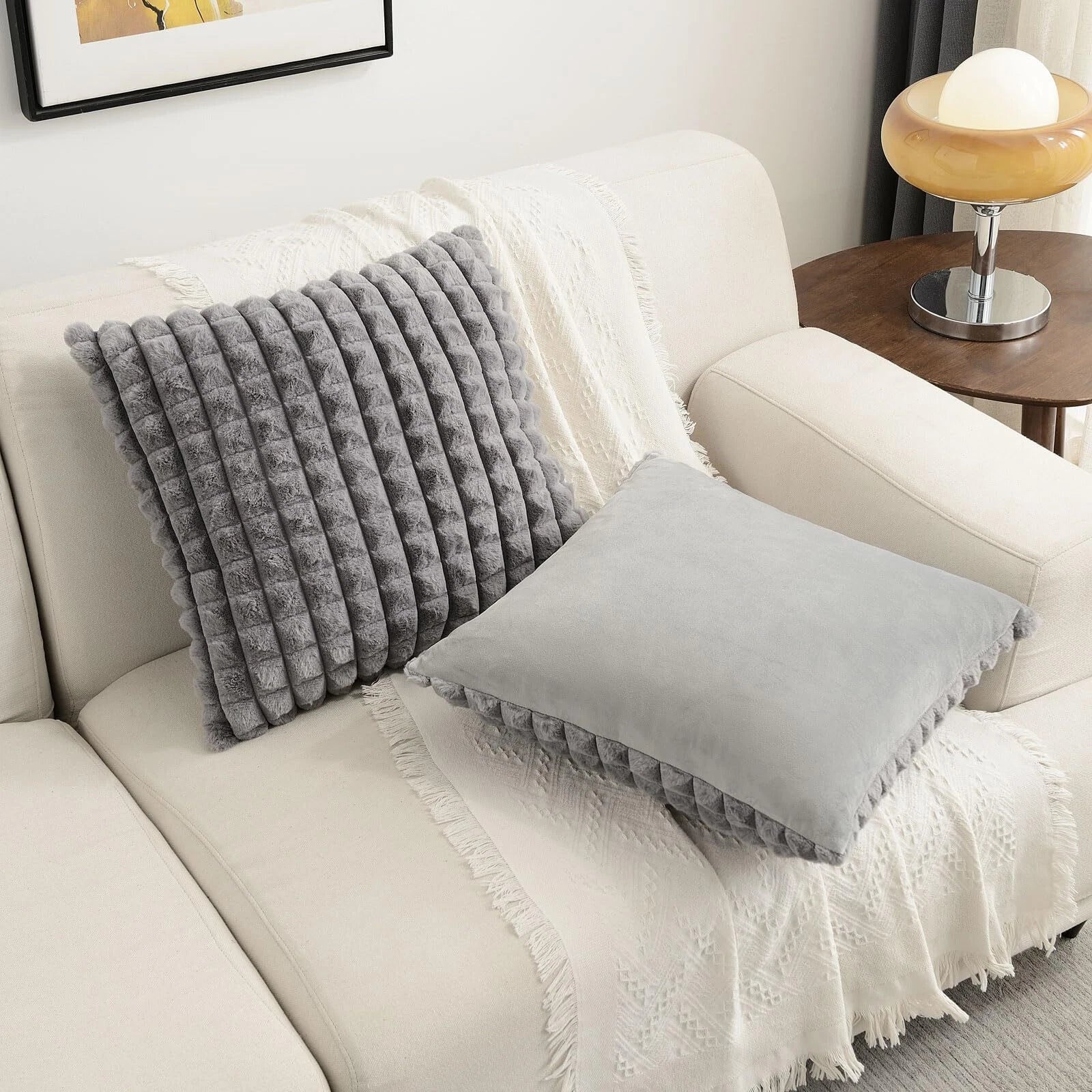 Grey Decorative Throw Pillow Covers 16x16 Inch Set of 2Square Gray Checked Cu...