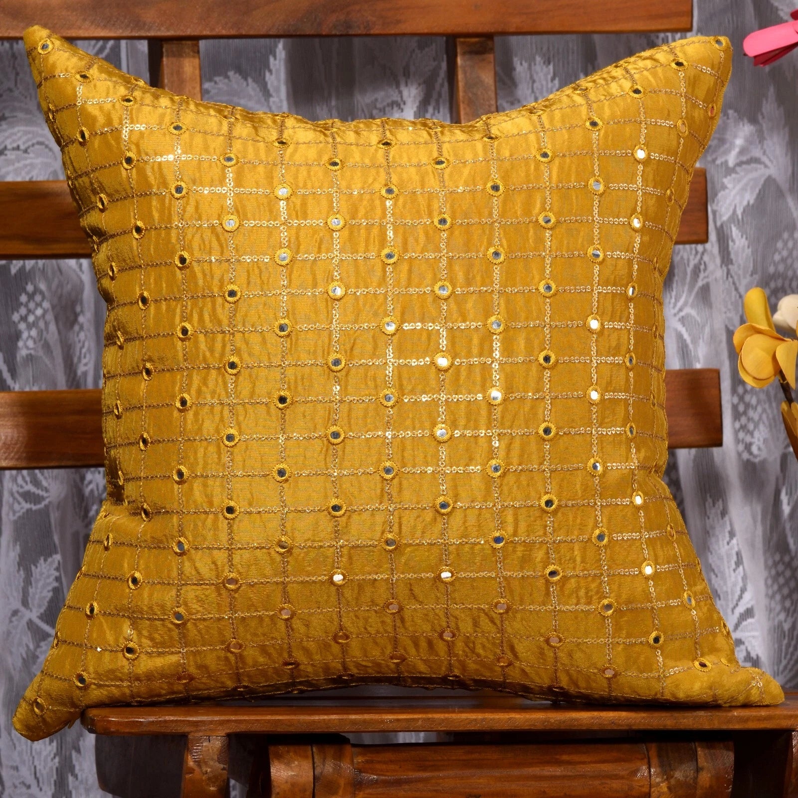 living room gold decorative pillow 18x18 mustard yellow throw pillow for sofa 2p