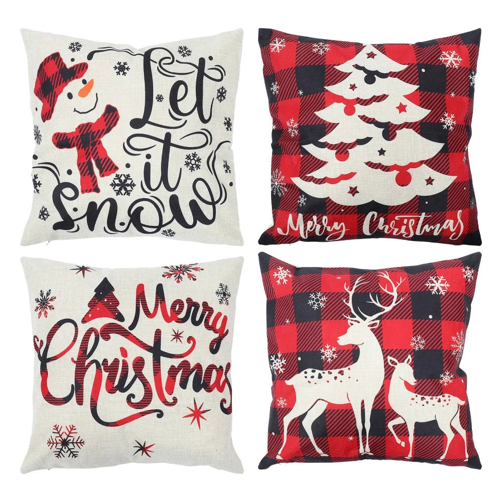 4pcs Christmas Cushion Cover Linen Printed Decorative Pillowcase for Sofa Seat