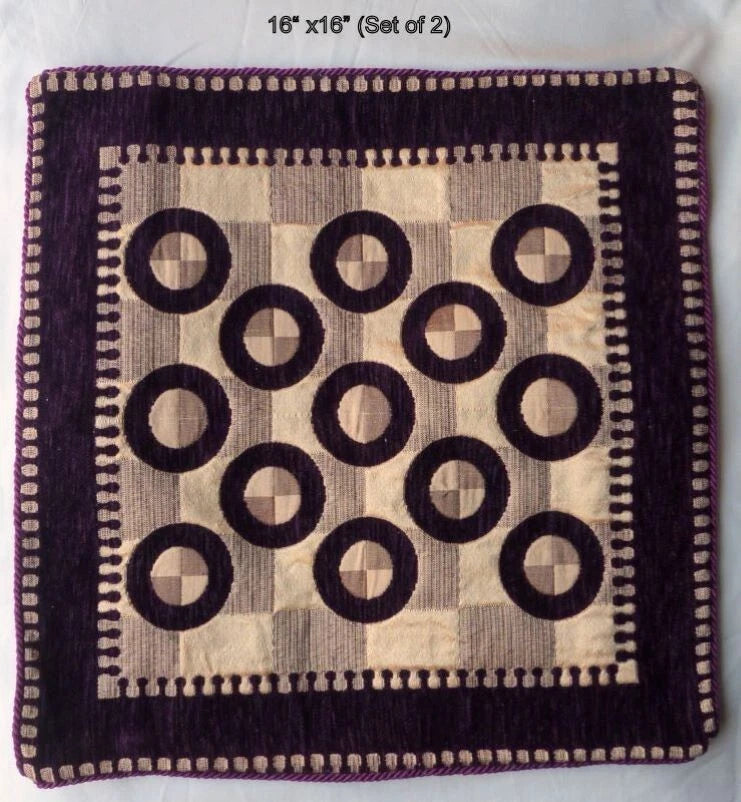 (Set of 2) 16"X16" Indian Embroidery Throw Sofa Cushion Pillow Cover Purple Gold