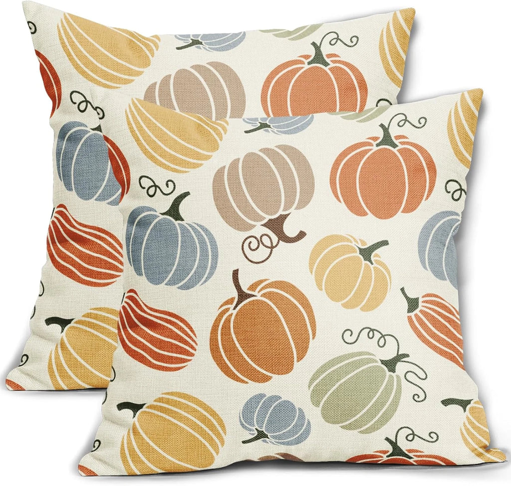Fall Pillow Covers 20X20 Set of 2 Thanksgiving Themed Blue Yellow Orange Pumpkin