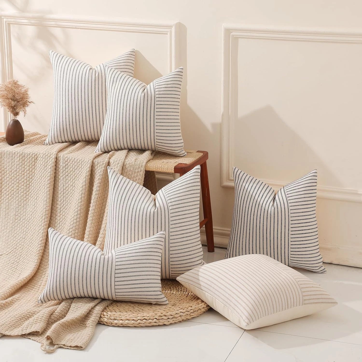 Black and Beige Patchwork Farmhouse Throw Pillows Covers 18 X 18 Inch, Pack of 2