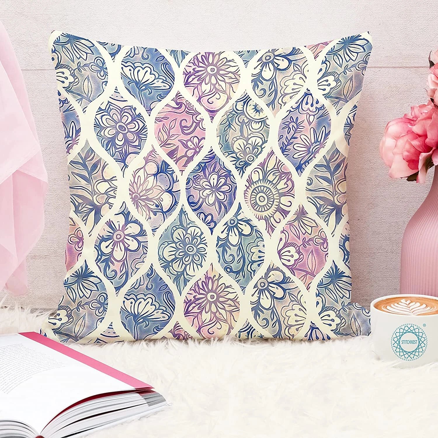 Floral Printed Canvas Cotton Premium Cushion Covers, Set of 5 ( 18 x 18 Inches )