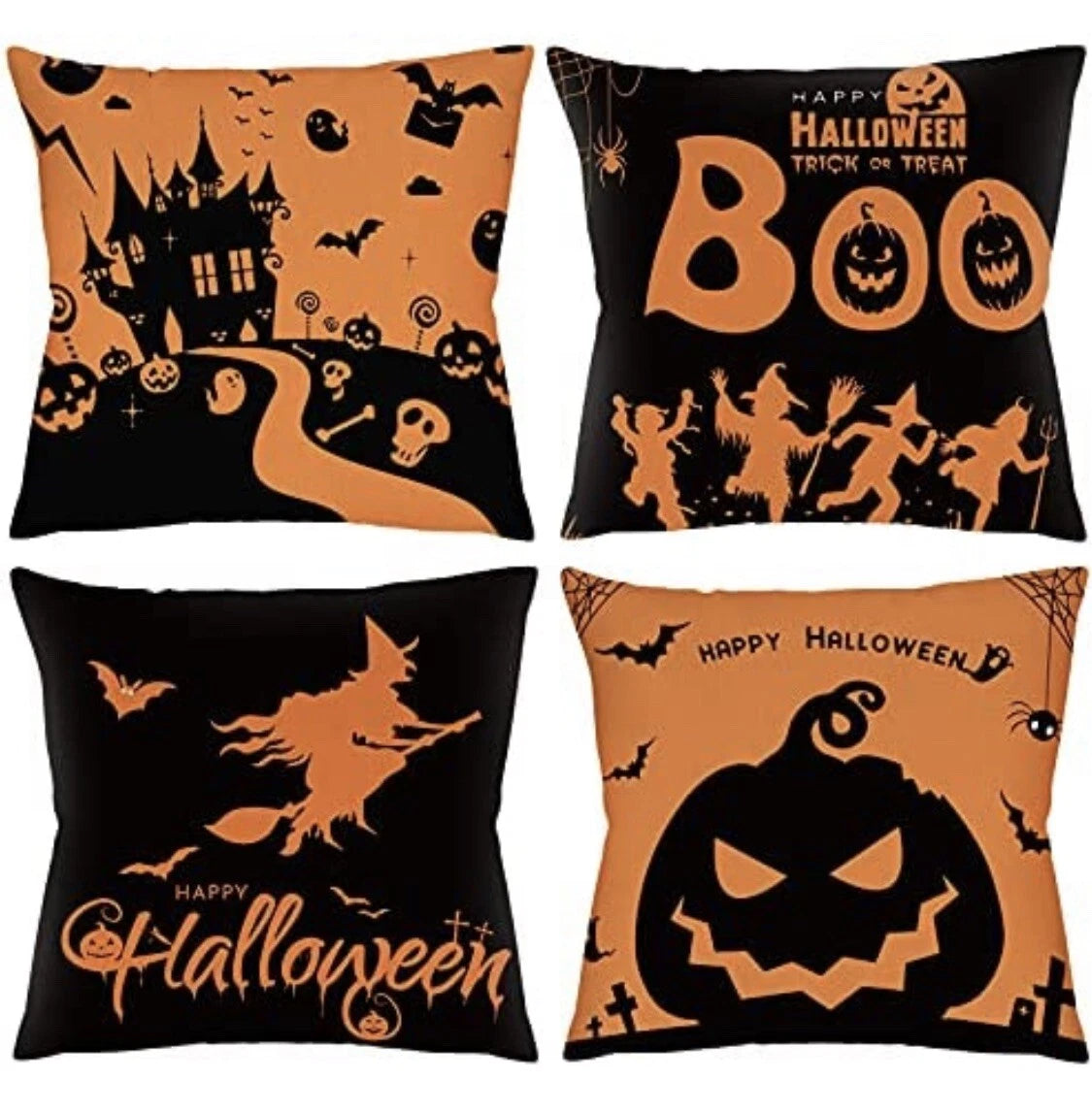 Halloween Set Of 4 Pillow Covers Decorative 18x18 Sofa Bed Chair Witch Pumpkin