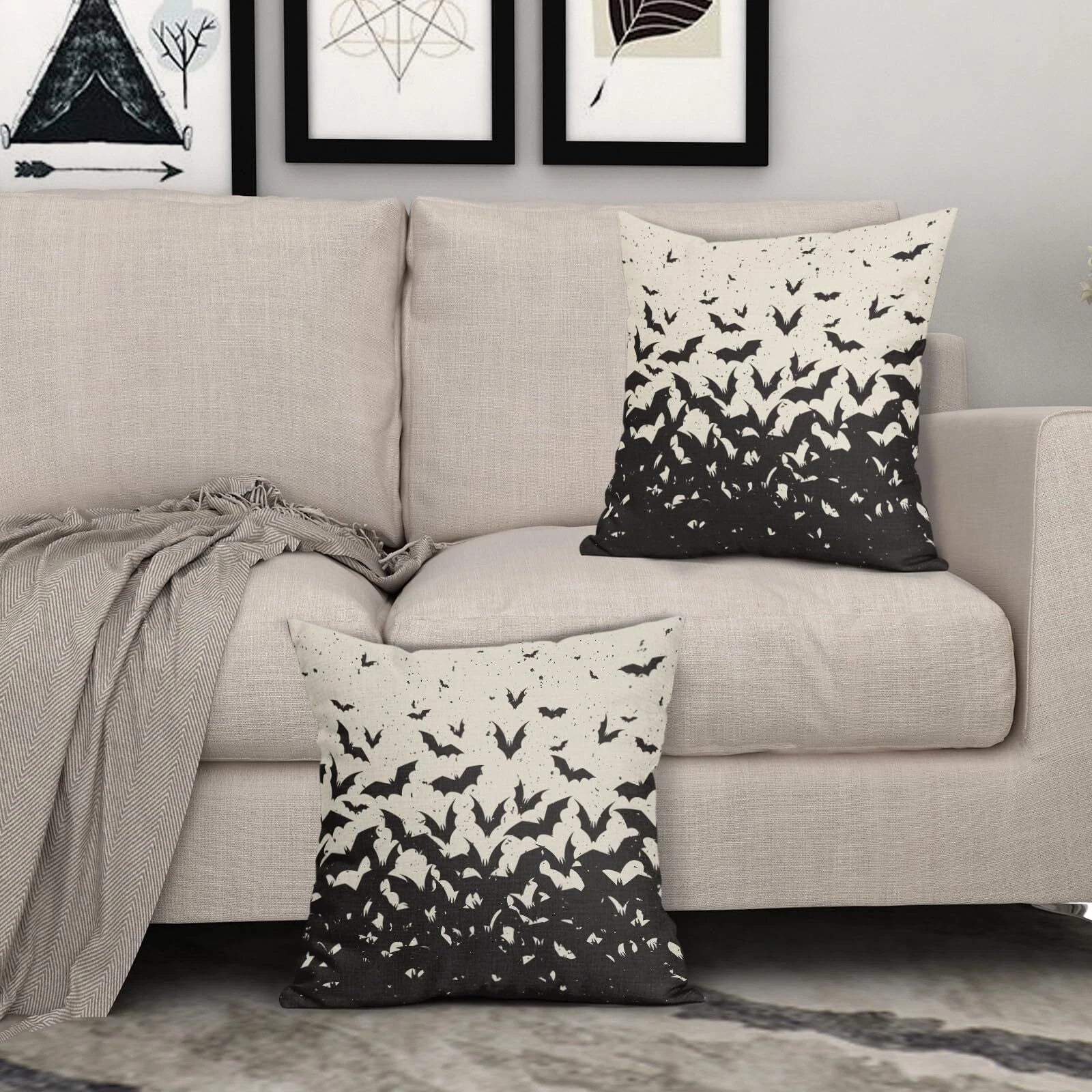 Halloween Bat Pillow Covers 16x16 Set of 2 Black Scary Pattern Print Hallowee...