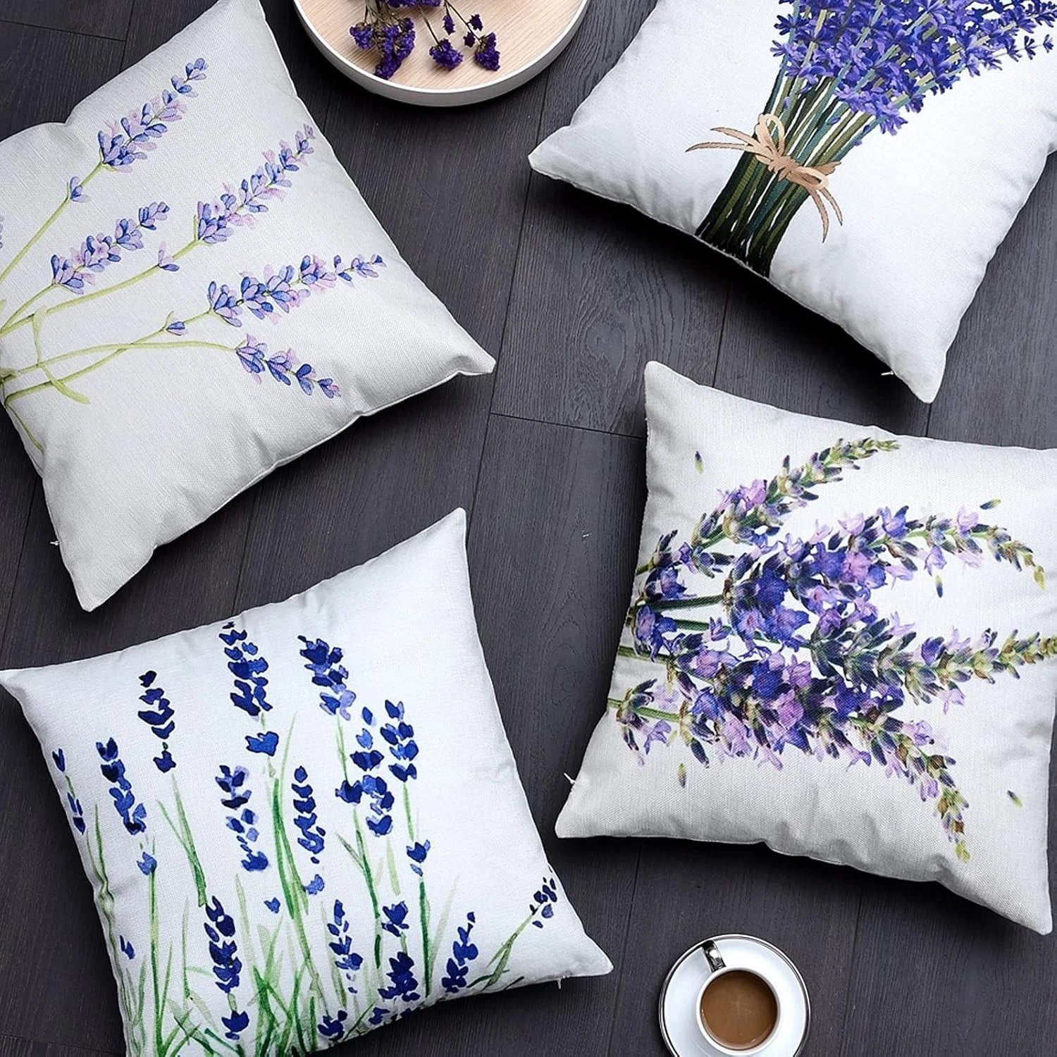 Vibrant HD Print Pillow Covers 18x18 - Lavender Flower Set of 4 for Sofa and Bed