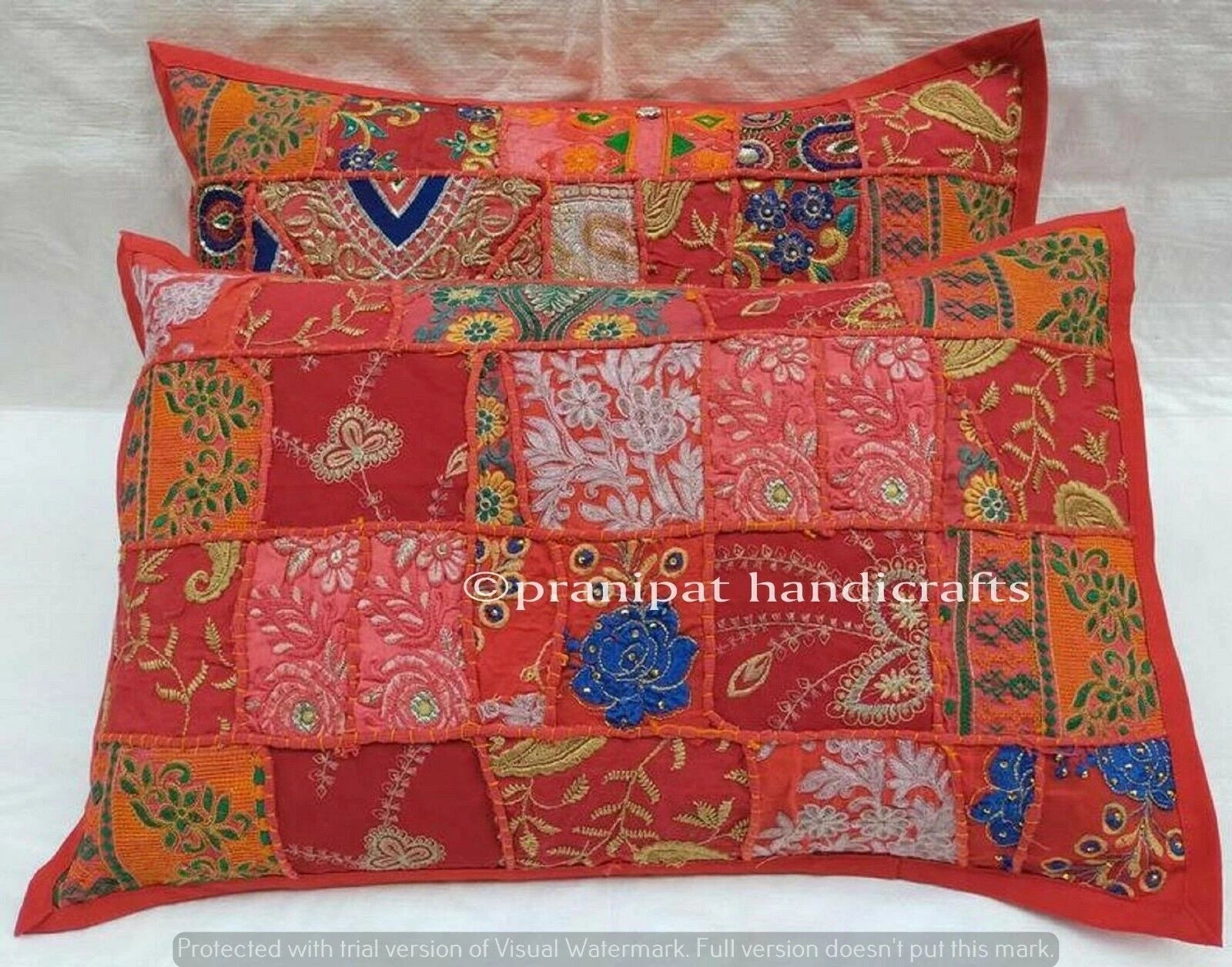 Indian Handmade Patchwork Cushion Vintage Red Throw Sofa Pillow Cover 40x60 cm