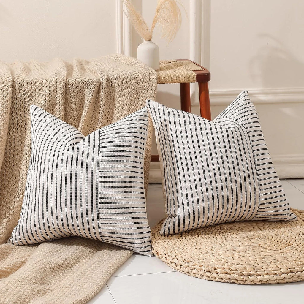 Black and Beige Patchwork Farmhouse Throw Pillows Covers 18 X 18 Inch, Pack of 2
