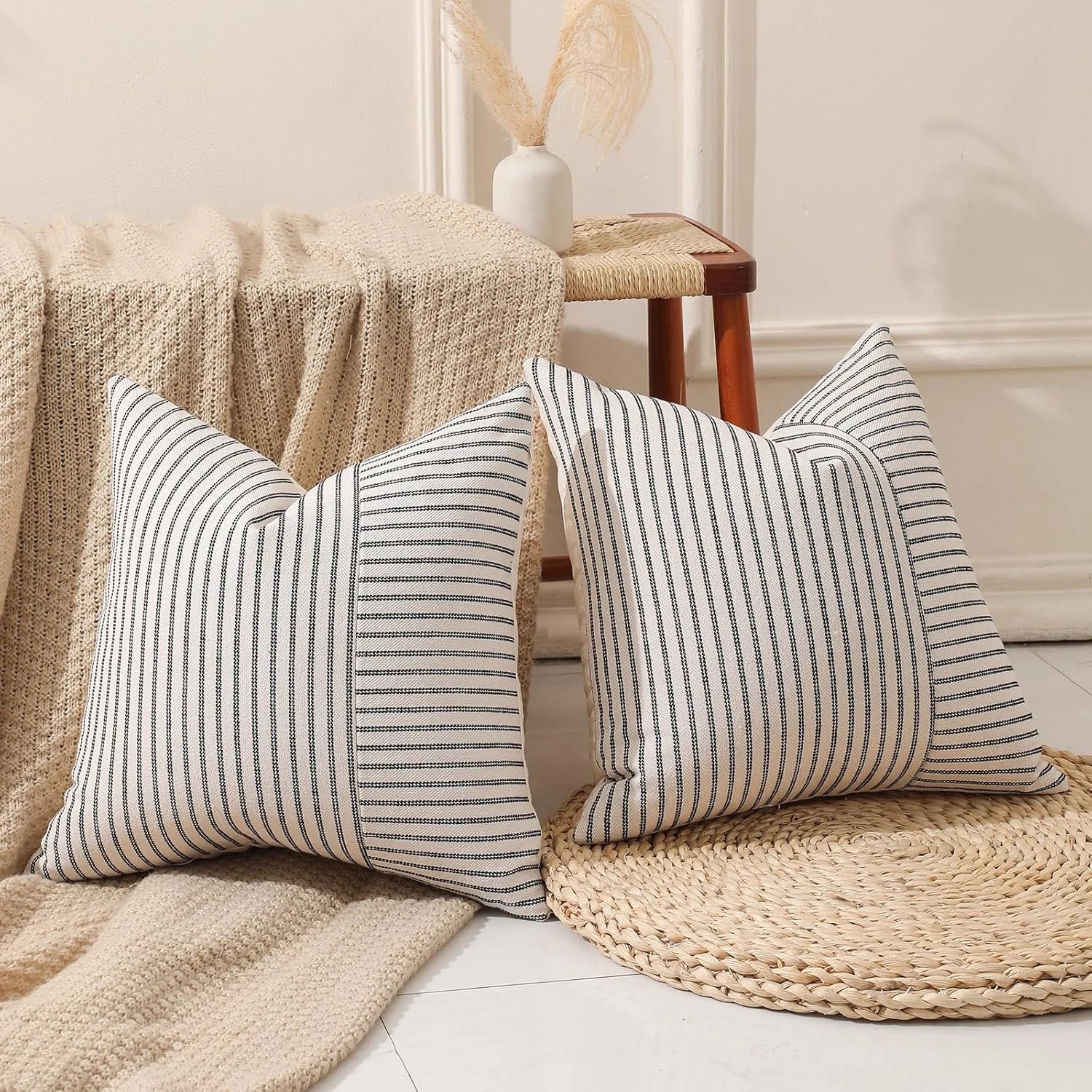 Black and Beige Patchwork Farmhouse Throw Pillows Covers 18 X 18 Inch, Pack of 2