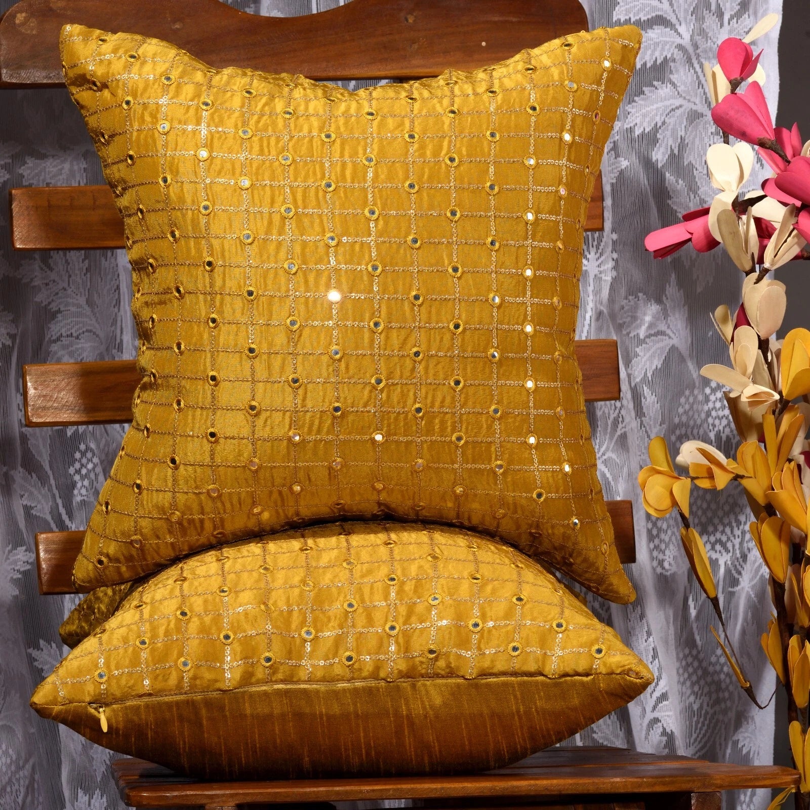 living room gold decorative pillow 18x18 mustard yellow throw pillow for sofa 2p