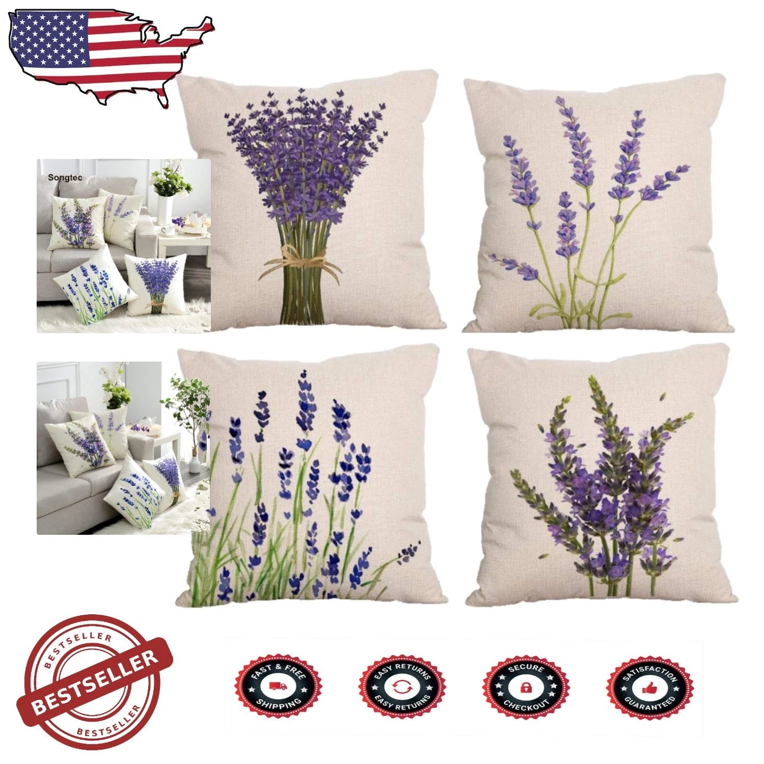 Vibrant HD Print Pillow Covers 18x18 - Lavender Flower Set of 4 for Sofa and Bed
