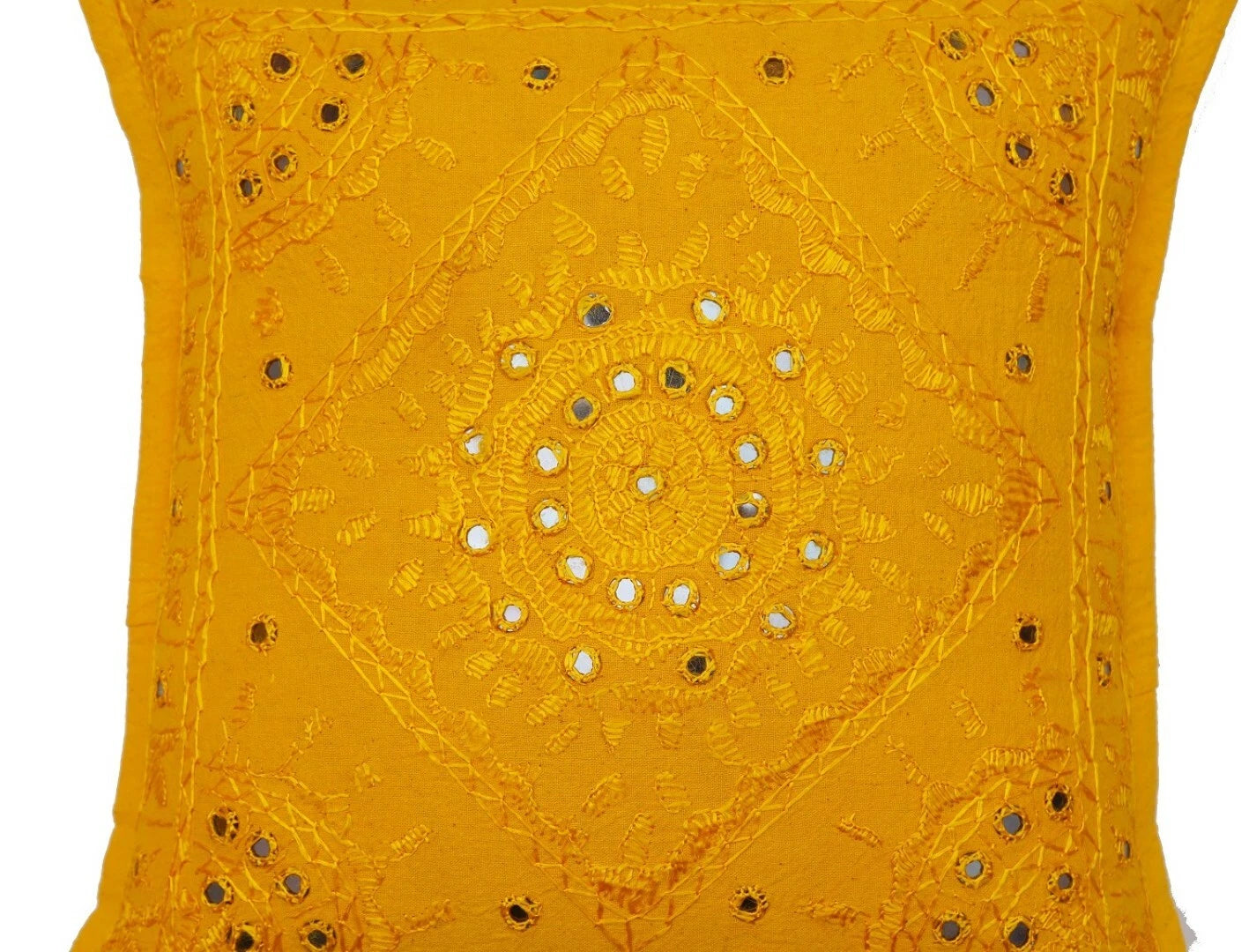 16" Decorative Mirror Embroidered Pucca Cushion Pillow-Cover Sofa Throw Yellow