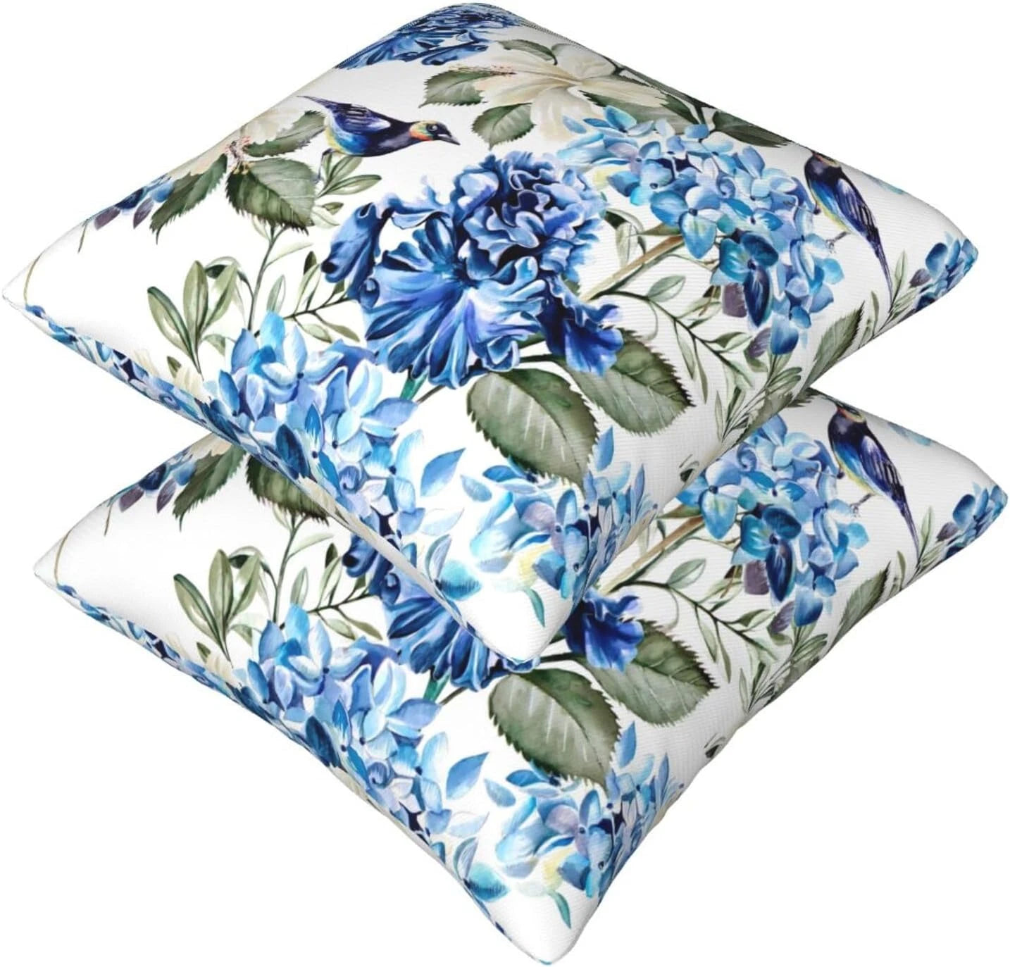 Blue and White Floral Pillow Covers 18X18 Set of 2, Spring Hydrangea Hibiscus Fl