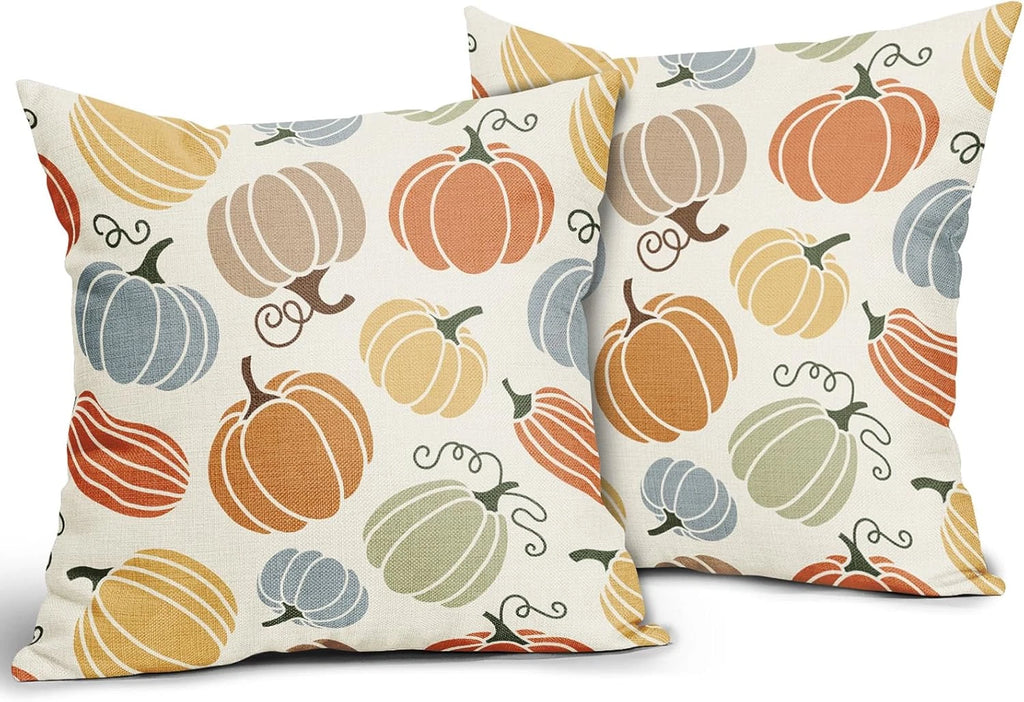 Fall Pillow Covers 20X20 Set of 2 Thanksgiving Themed Blue Yellow Orange Pumpkin
