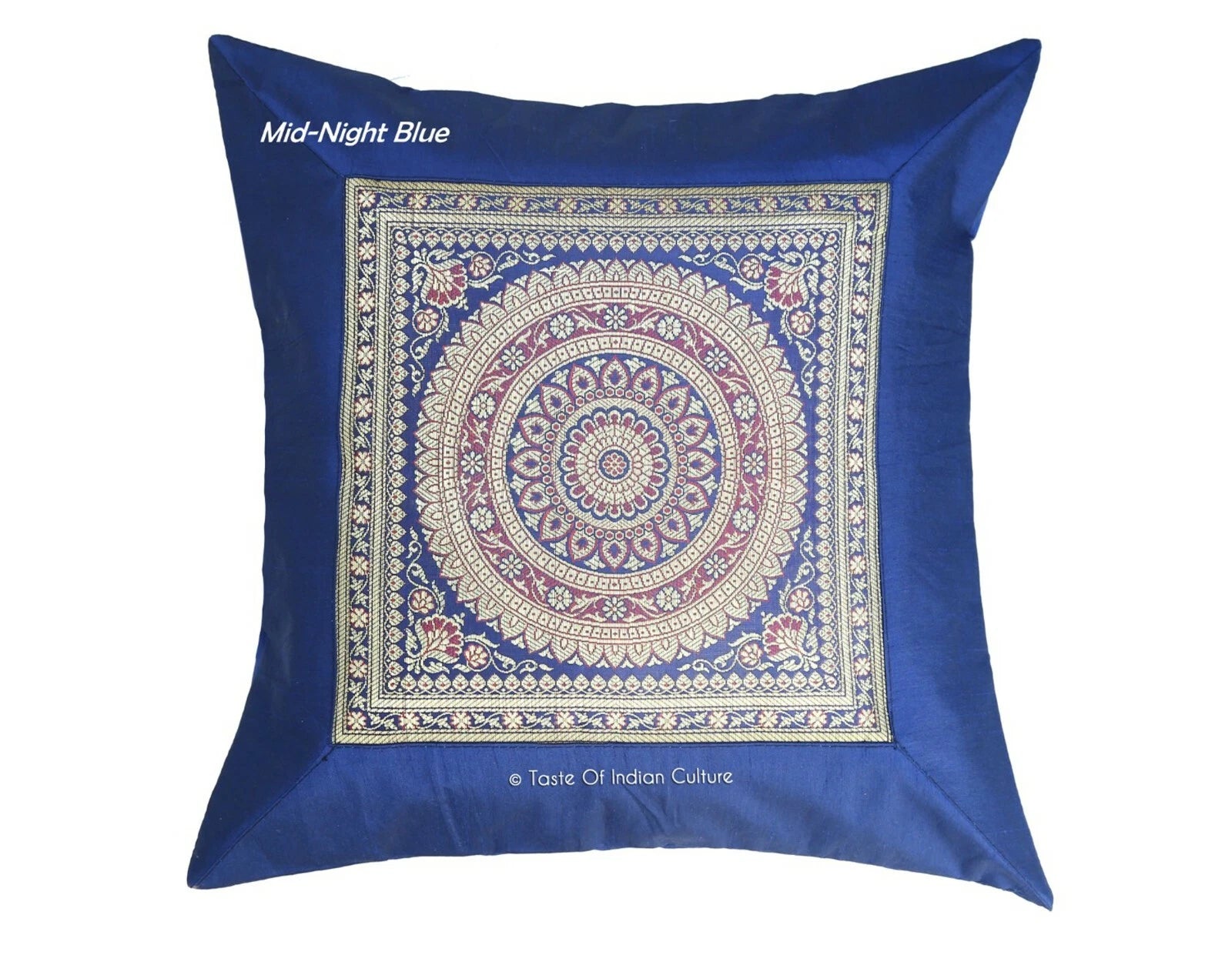 16" Ethnic Mandala Printed Dupioni Silk Brocade Cushion Cover Midnight Blue