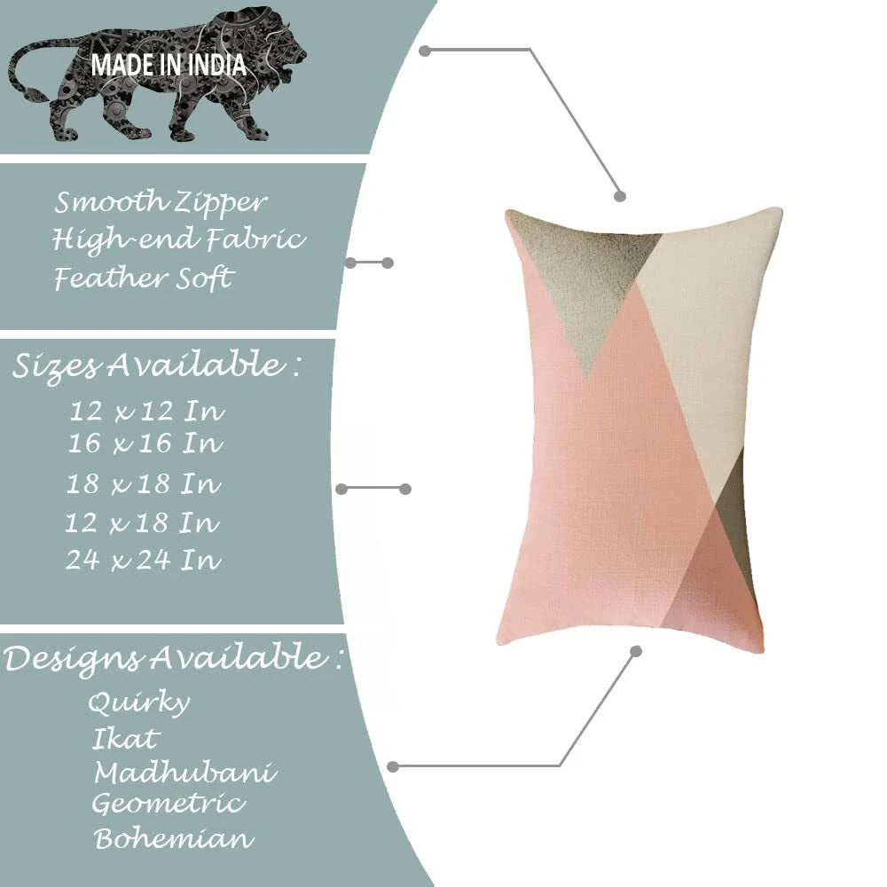 Pink & Grey Geometrical Printed Canvas Cotton Cushion Covers, Set of 2