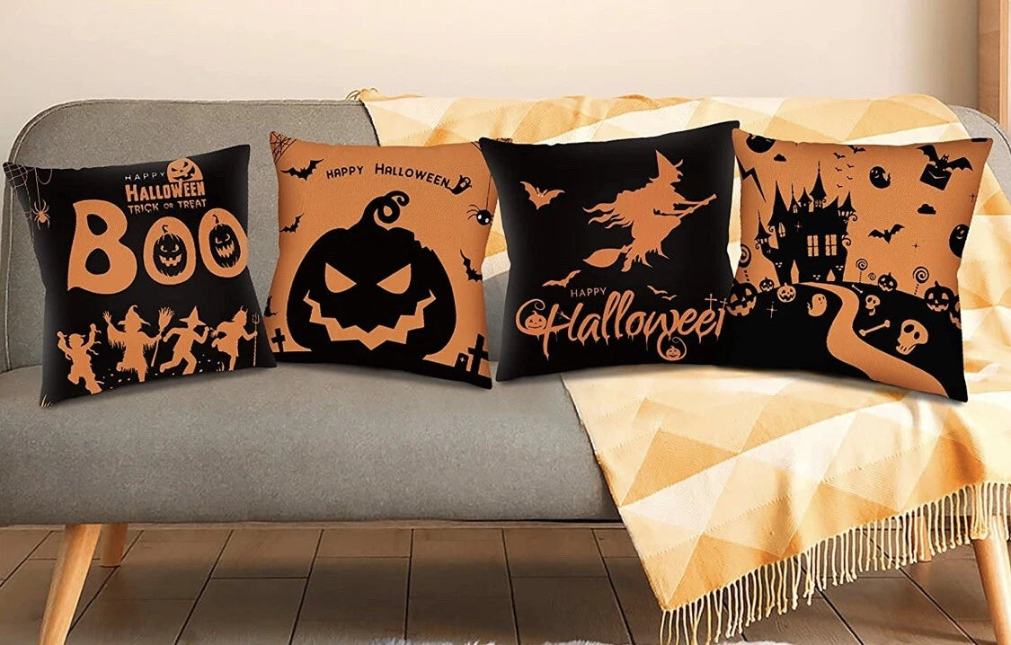 Halloween Set Of 4 Pillow Covers Decorative 18x18 Sofa Bed Chair Witch Pumpkin