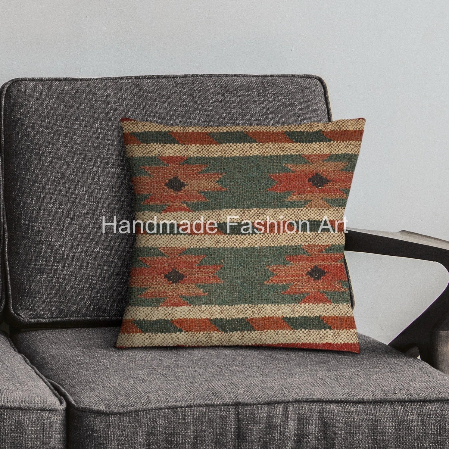 Handmade Kilim Jute Throw Cushion Cover Vintage Jute Rug Pillow Case 40x40 cm