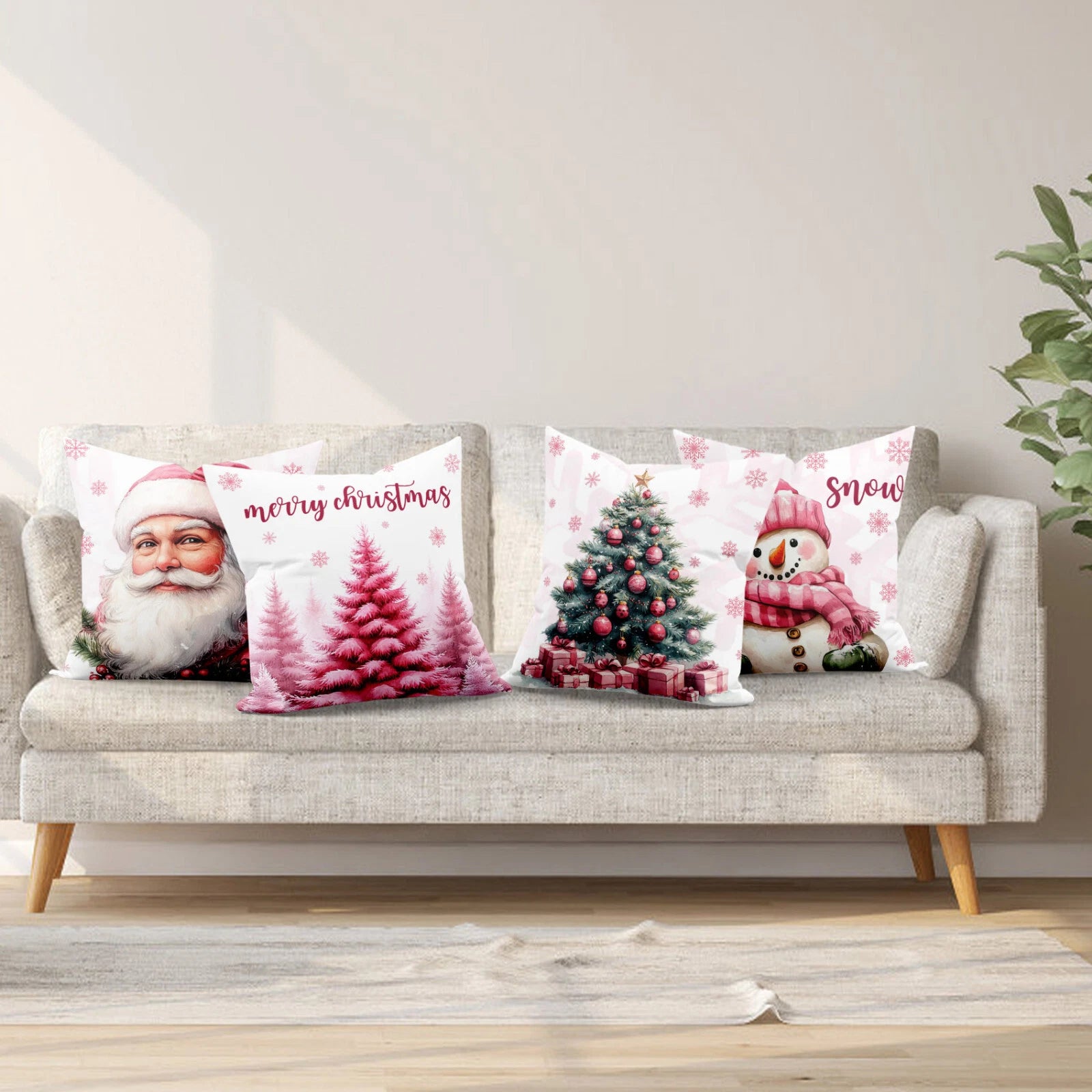 4pcs Xmas Snowman Pink Santa Claus Pillow Case Cushion Cover Sofa Home Decor