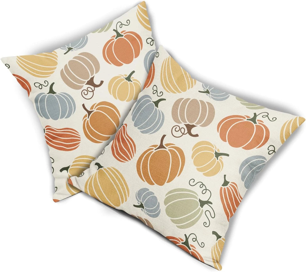Fall Pillow Covers 20X20 Set of 2 Thanksgiving Themed Blue Yellow Orange Pumpkin