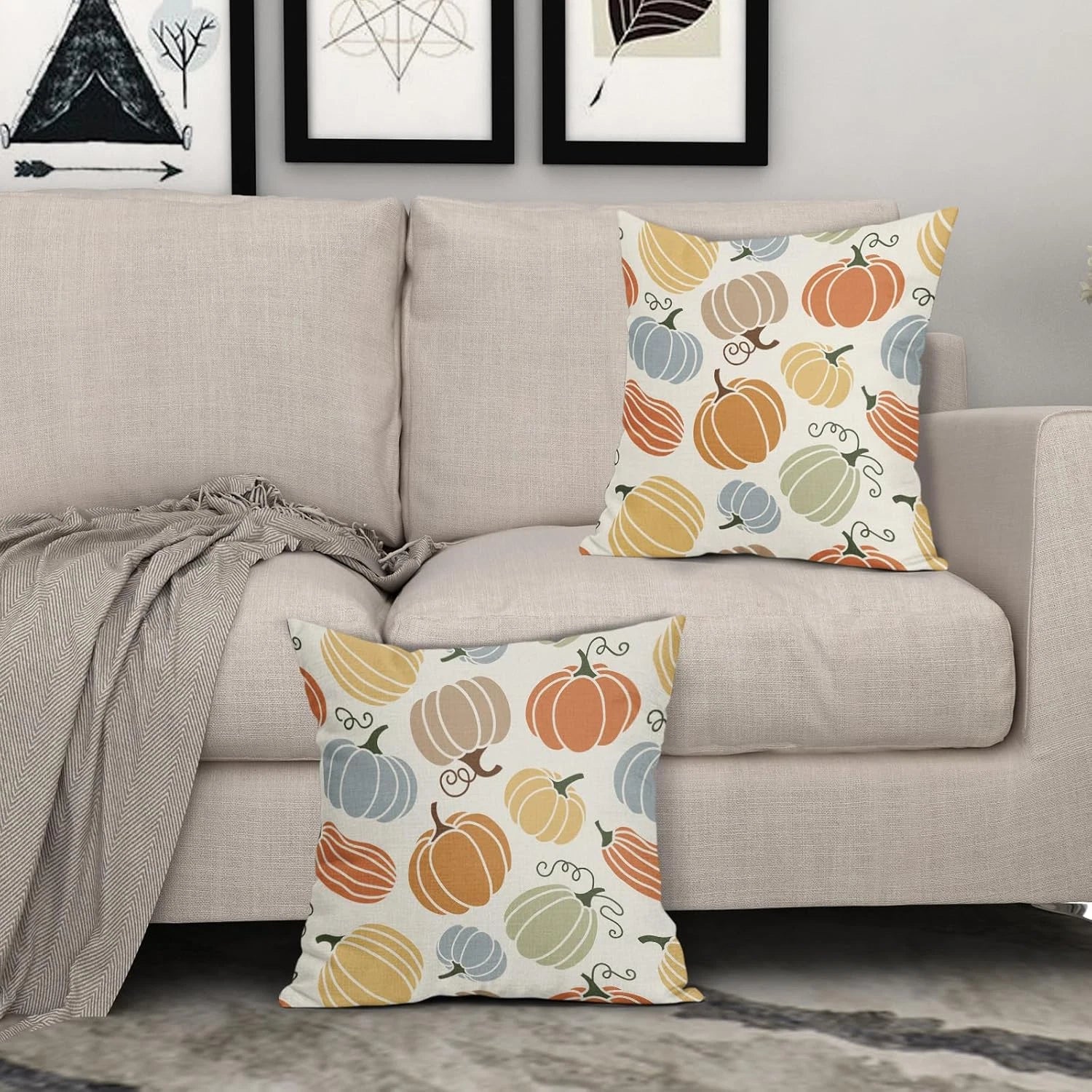 Fall Pillow Covers 20X20 Set of 2 Thanksgiving Themed Blue Yellow Orange Pumpkin