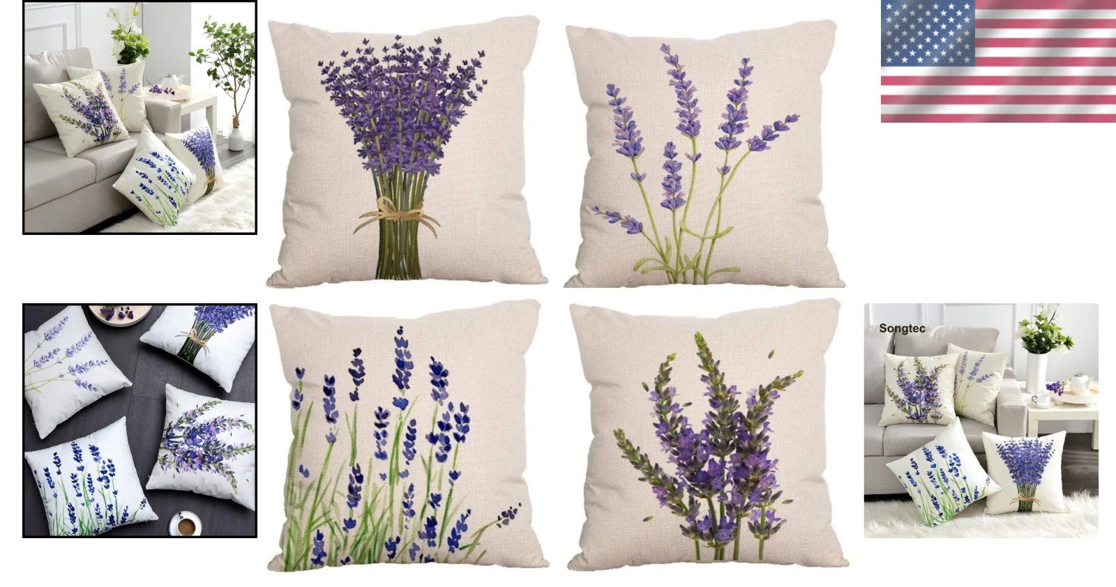 Vibrant HD Print Pillow Covers 18x18 - Lavender Flower Set of 4 for Sofa and Bed