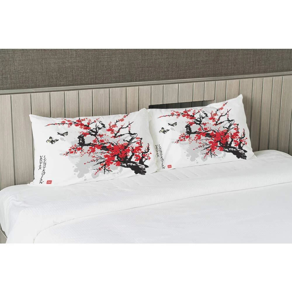 Throw Pillow Cover Japanese Flowers Cherry Branch Blossoming Tree Butterflies...