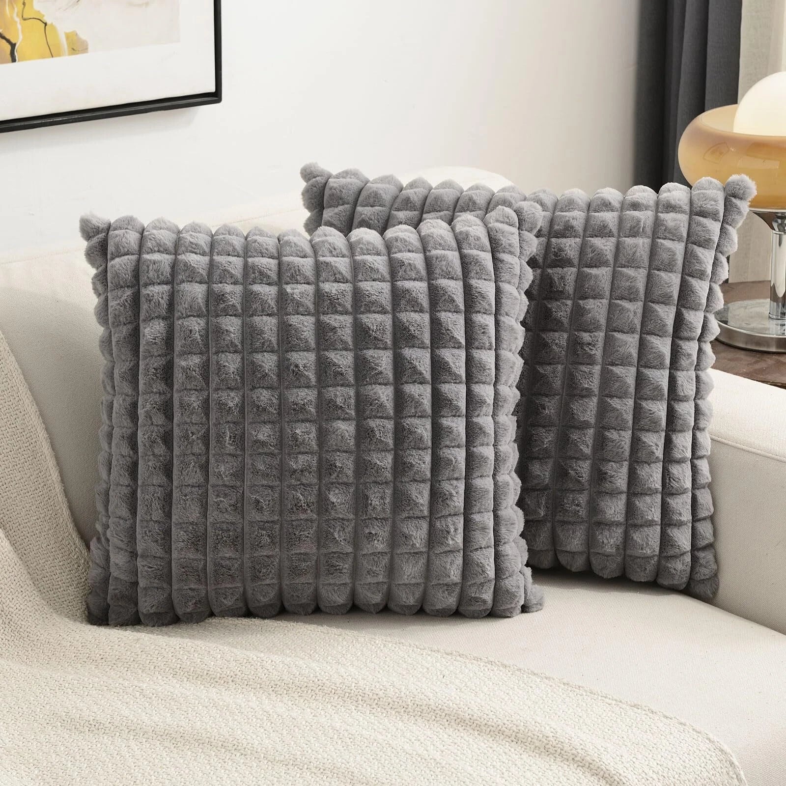 Grey Decorative Throw Pillow Covers 16x16 Inch Set of 2Square Gray Checked Cu...