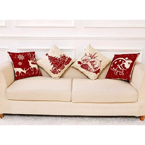 4PCS 18"x18" Throw Pillow Covers Christmas Decorative Couch Red and Beige
