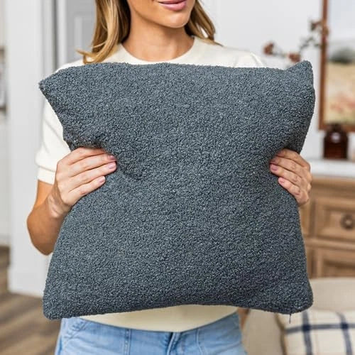 Grey Teddy Boucle Pillow Covers 18x18 2pcs for 18" x 18" (Pack of 2) Slate