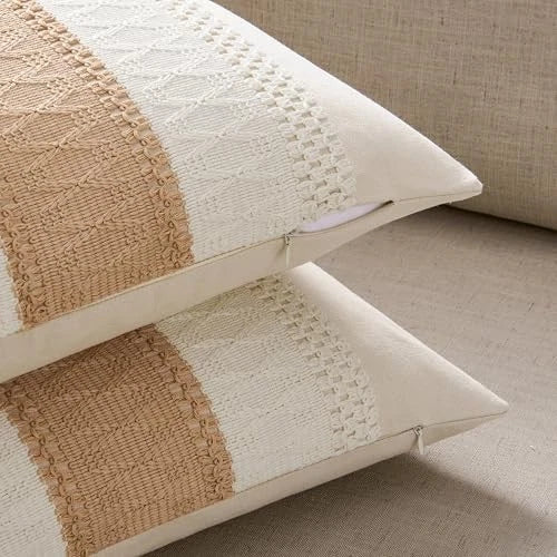 2 Packs Cotton Boho Throw Pillow Covers 20" x 20" (Pack of 2) Contrast/Beige