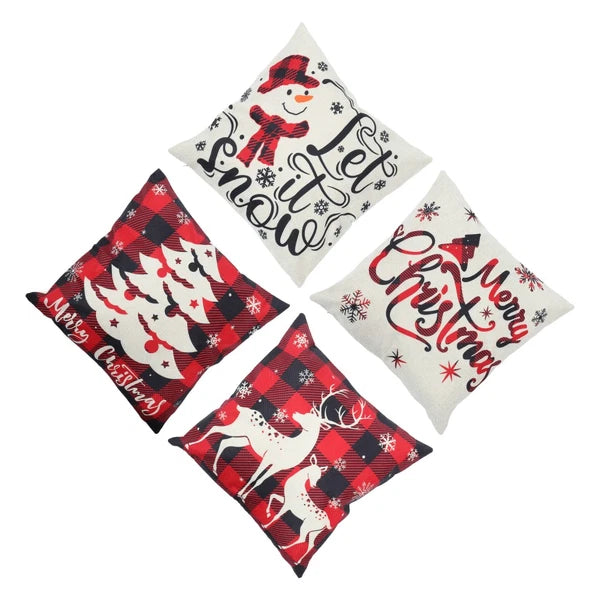 4pcs Christmas Cushion Cover Linen Printed Decorative Pillowcase for Sofa Seat