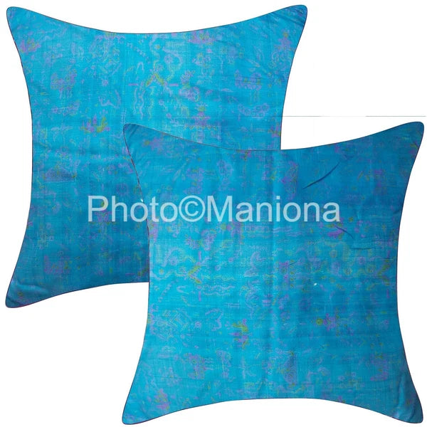 Set of 2 Indian Handmade Vintage silk Sari sky blue Cushion Cover -sofa/bed