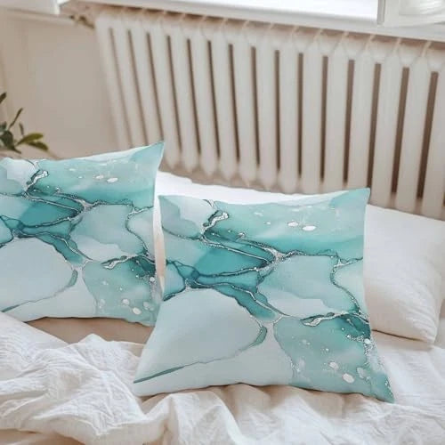 Waterproof Pillow Cases 2-Pack, Abstract Art Retro Marble 18"x18"x2 Turquoise