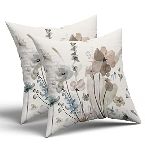 Watercolor Floral Pillow Covers 18X18 in Brown Cream Grey Teal Flower Couch