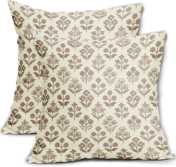 Brown Floral Pillow Covers 18X18 Inch Set of 2, Vintage Flower Block Print Patte