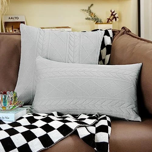 Set of 2 Grey Decorative Knit Throw Pillow Cover Soft Knit Pillow Case,