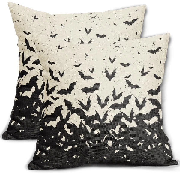 Halloween Bat Pillow Covers 16x16 Set of 2 Black Scary Pattern Print Hallowee...