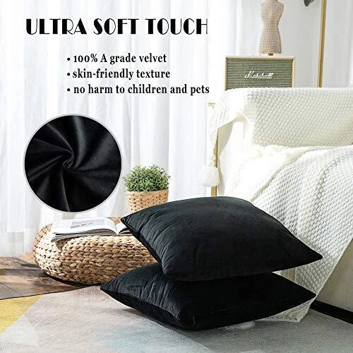 Super Soft Velvet Throw Pillow Covers Square 2 pieces, 18"x18" Black
