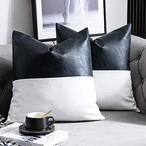 Leather Throw Pillow Covers, Set of 2 20" x 20" (Pack of 2) Black / White